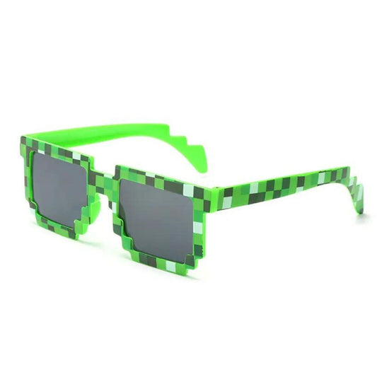 A pair of trendy square sunglasses designed for boys and girls, featuring a block pixel design and UV400 protection for eye safety in the sun.