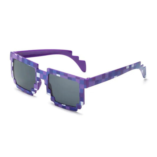 A pair of trendy square sunglasses designed for boys and girls, featuring a block pixel design and UV400 protection for eye safety in the sun