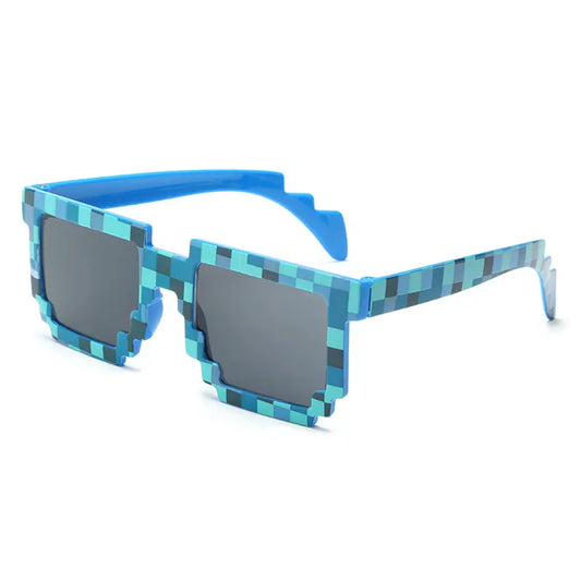 A pair of trendy square sunglasses designed for boys and girls, featuring a block pixel design and UV400 protection for eye safety in the sun.